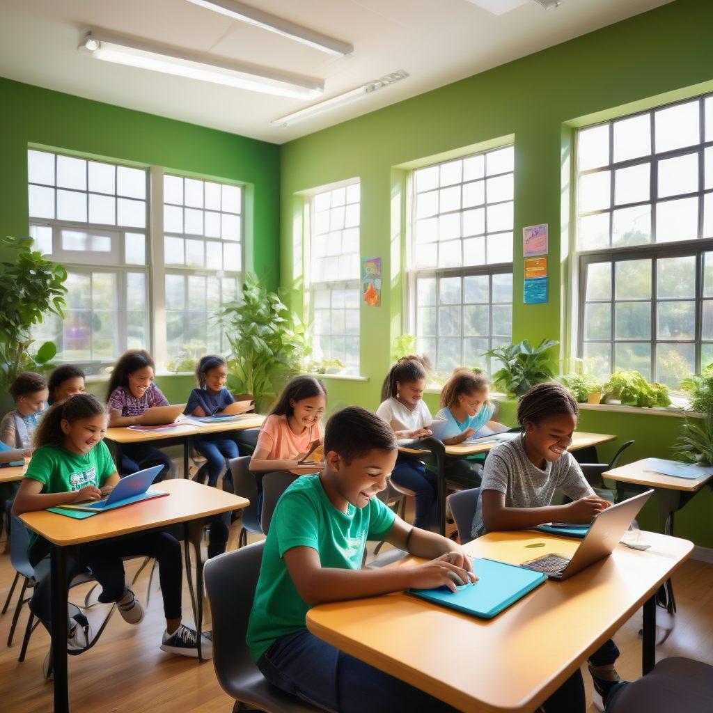 An illustration featuring a vibrant, cheerful classroom setting with diverse students engaged in joyful online learning. Include colorful e-learning tools like tablets and laptops displaying fun educational games. Bright, sunny colors and smiling faces should radiate positivity. Elements of nature like plants and sunshine can enhance the lively atmosphere. vibrant colors. 3D style.