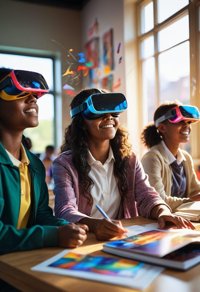 A vibrant classroom setting filled with diverse students engaging with virtual reality headsets, surrounded by colorful holographic educational tools and digital interfaces. The atmosphere is lively, showcasing expressions of joy and curiosity on the students' faces as they interact with technology. Sunlight streams in through large windows, illuminating the scene with warmth. The background features abstract representations of knowledge and growth, such as swirling books and light bulbs. digital painting. vibrant colors. educational theme.