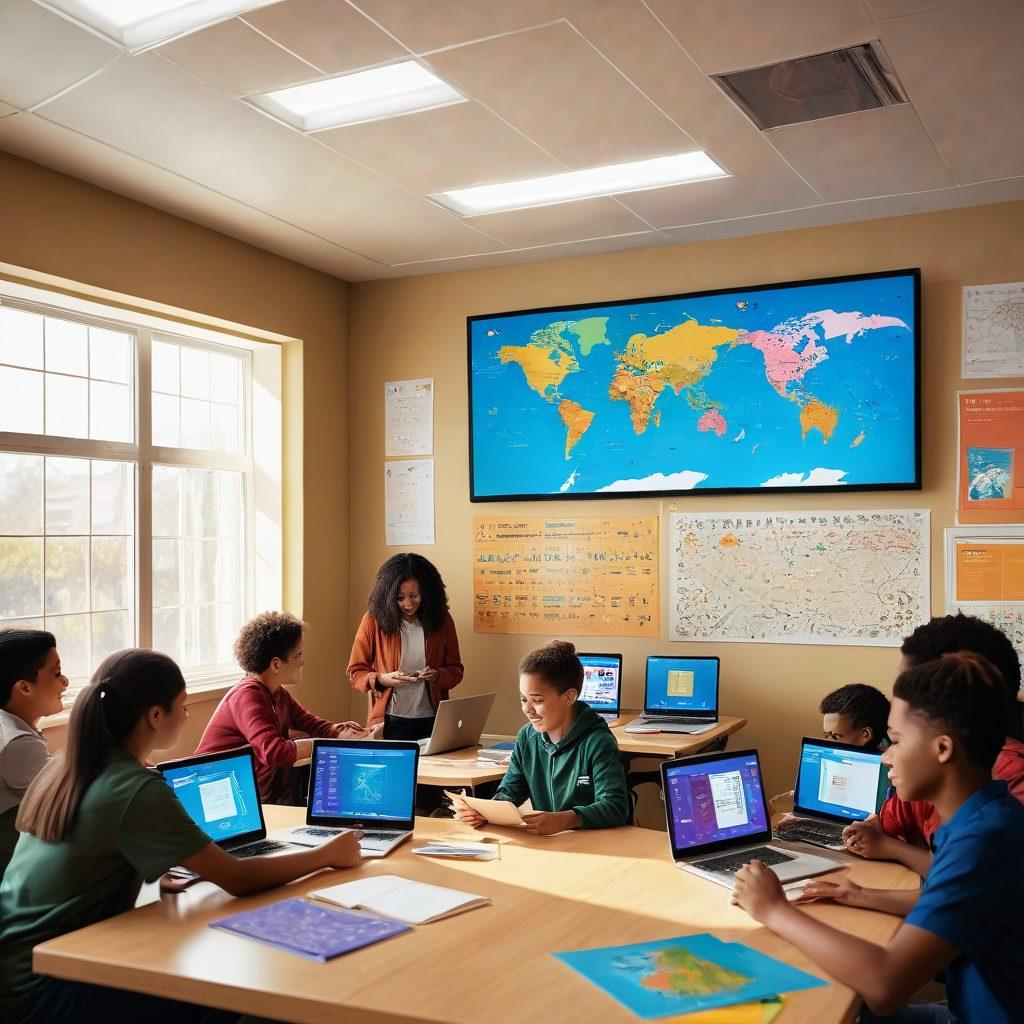 A bright, inviting virtual classroom filled with diverse students engaging with interactive screens displaying colorful e-learning resources. The atmosphere is joyful, filled with books, digital devices, and motivational posters. Include elements like a world map and various study tools symbolizing global learning. Soft sunlight filters in, creating an inspiring environment. vibrant colors. 3D.